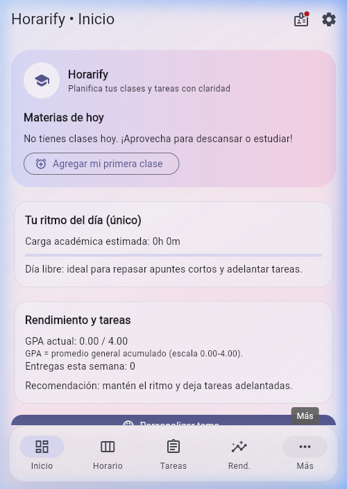 Pantalla de inicio — materias del día y GPA
